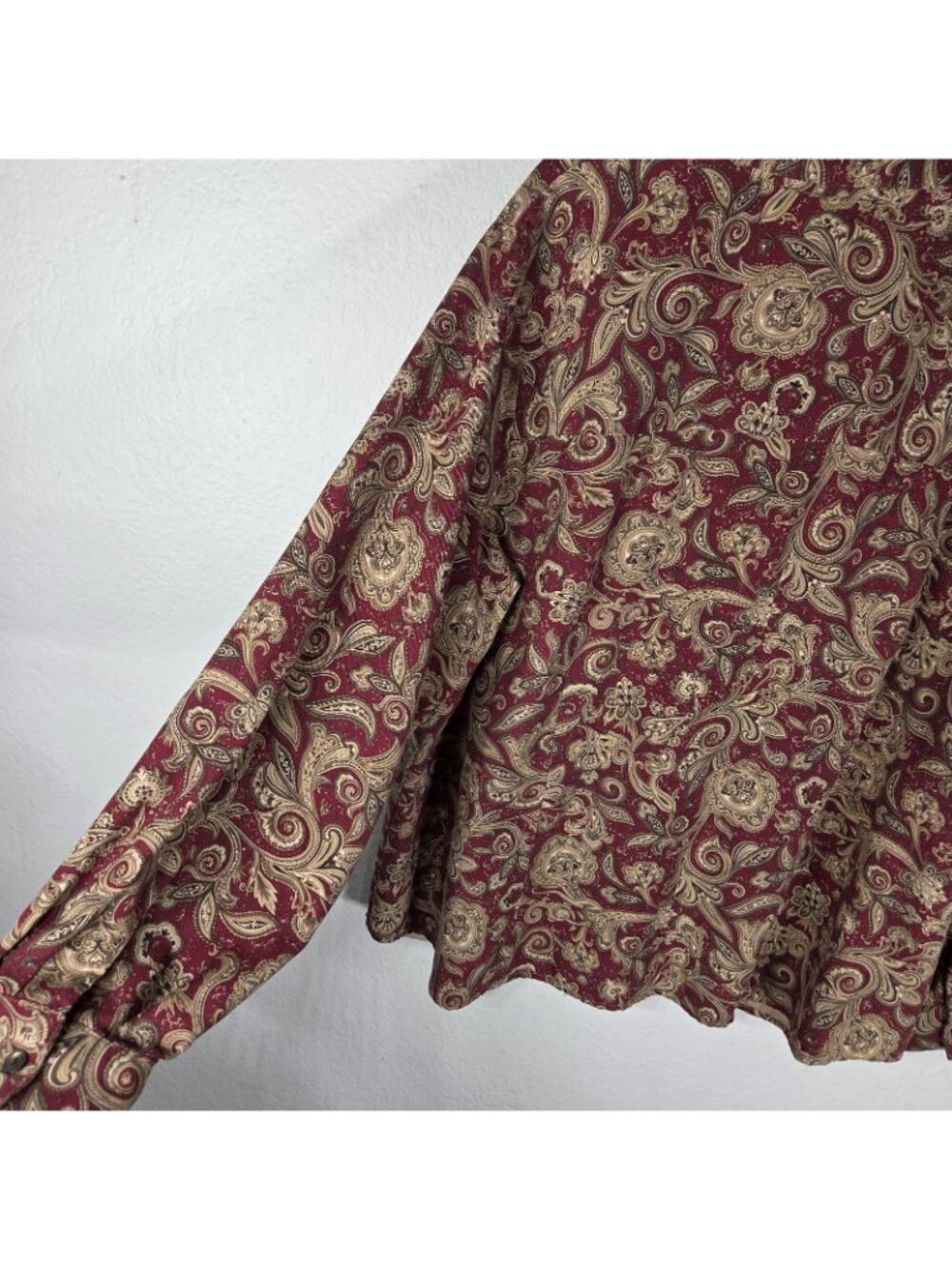 Vintage Talbots 18W Silk Wool Button Down Shirt 90s Pasley Burgundy Tan - Picture 11 of 16